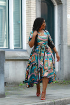 Multicolour African print cotton Midi Dress with Matching Belt.
