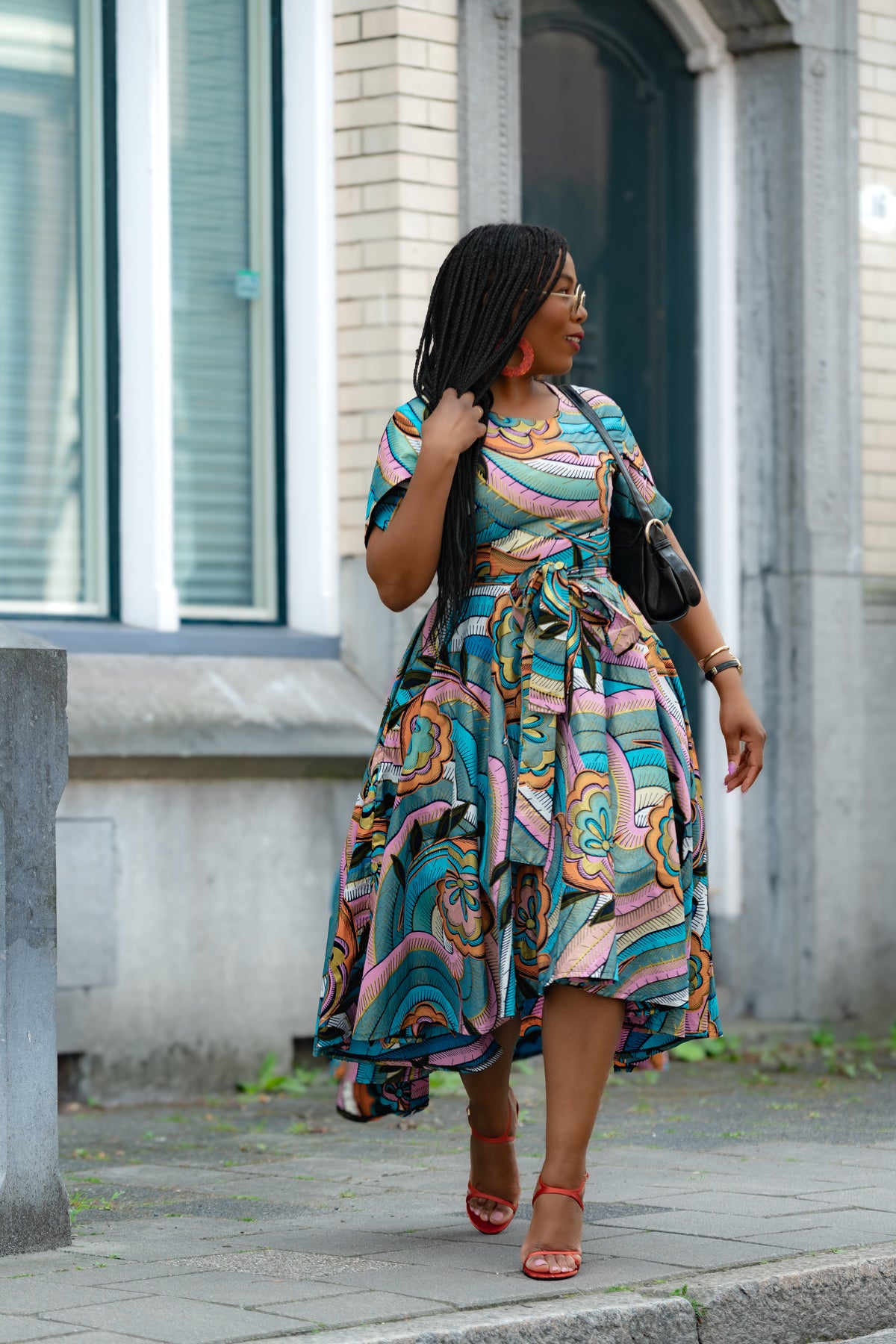 Multicolour African print cotton Midi Dress with Matching Belt.
