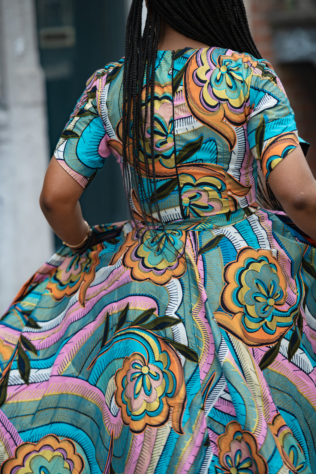 Back Detail of Multicolour African print cotton Midi Dress with 3/4 Sleeves.
