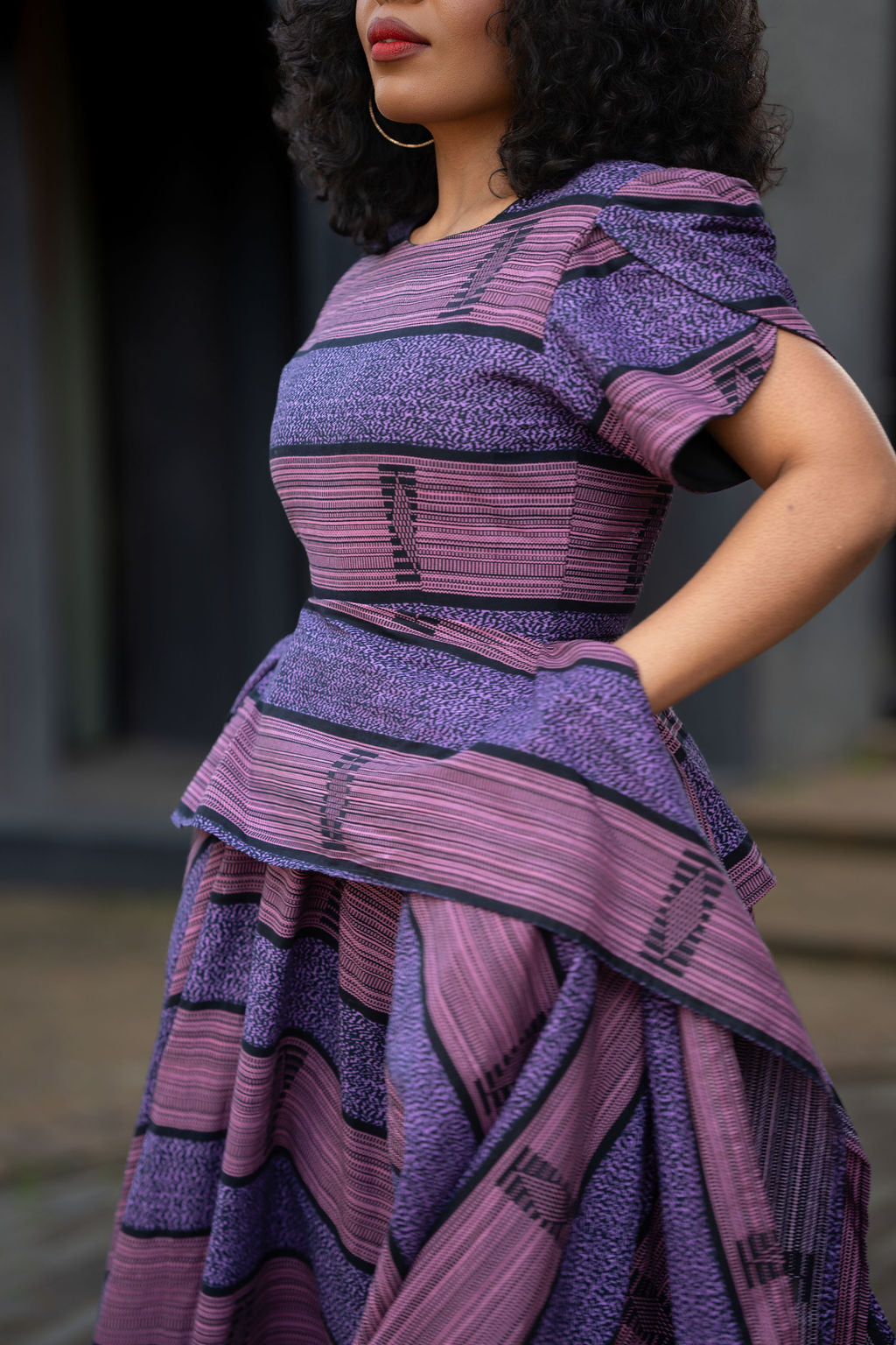 Close Detail of African print Ankara Maxi dress in Purple Women's Clothing