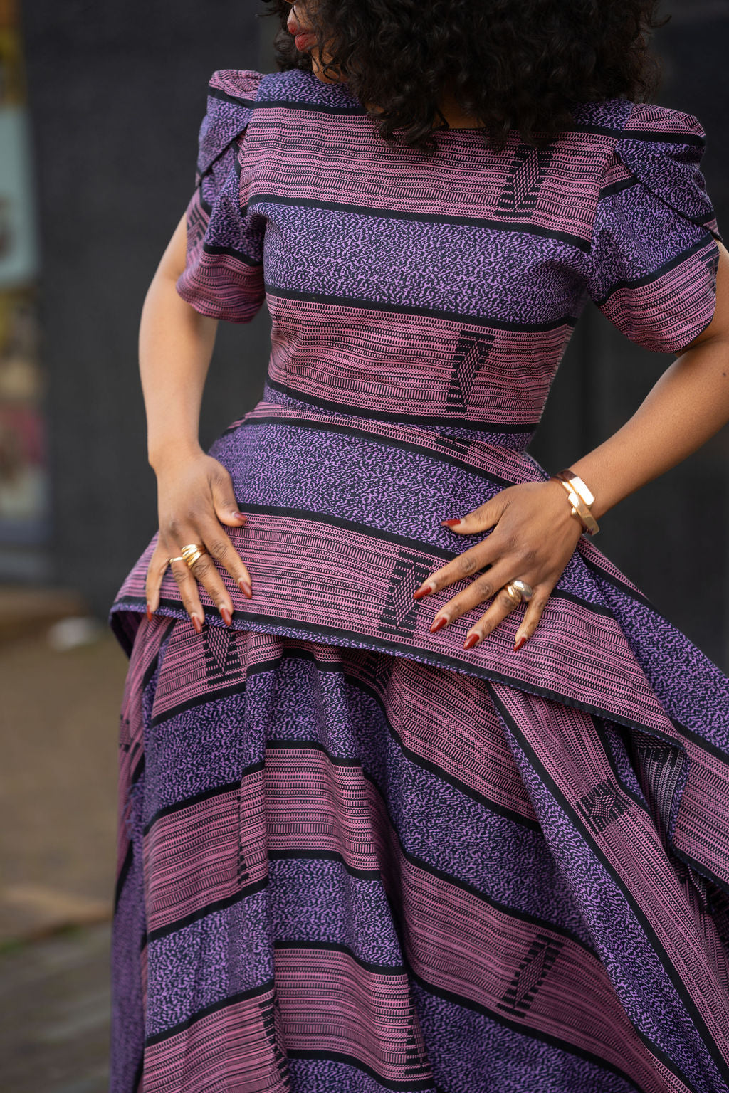 Close up to African print Ankara Maxi dress in Purple Women's Clothing