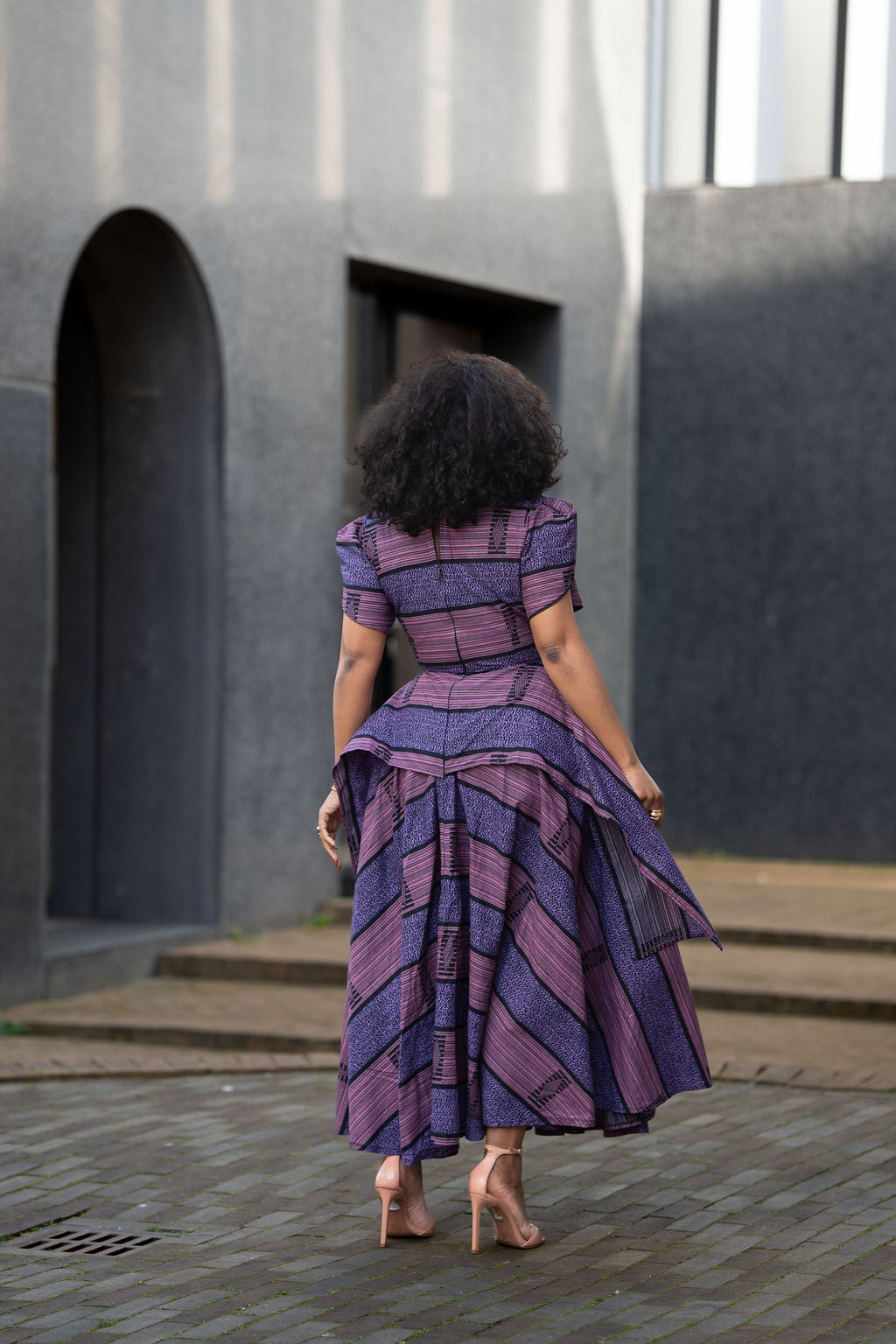 Back Detail of Deep purple & Lilac Ankara Maxi Dress with Flared Hem