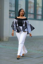 Black and white African print Ankara women peplum Top by Heritage Clothings