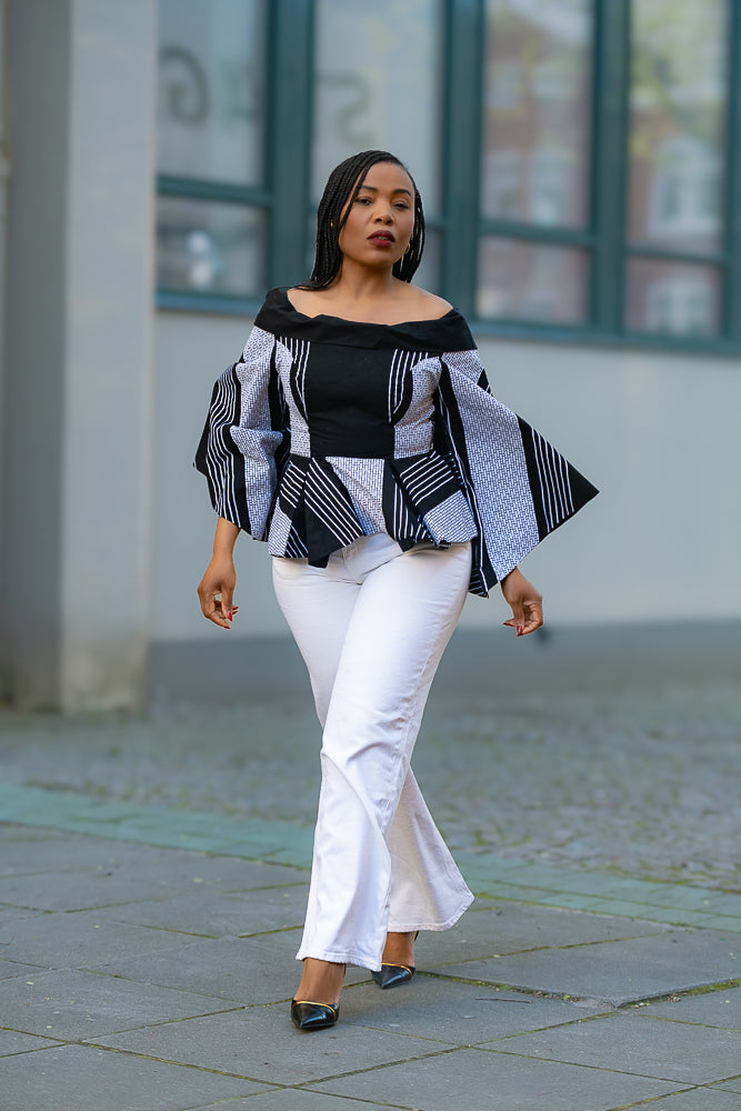 Black and white African print Ankara women peplum Top by Heritage Clothings