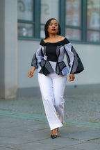 African print Ankara black and white flair sleeve top front view