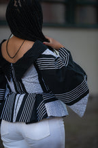 Zinitha flair black and white top, Back detail of Ankara cotton African print occasion dress