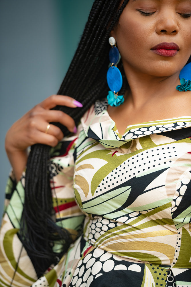 Close view African print Ankara peplum floral gold Women's Top