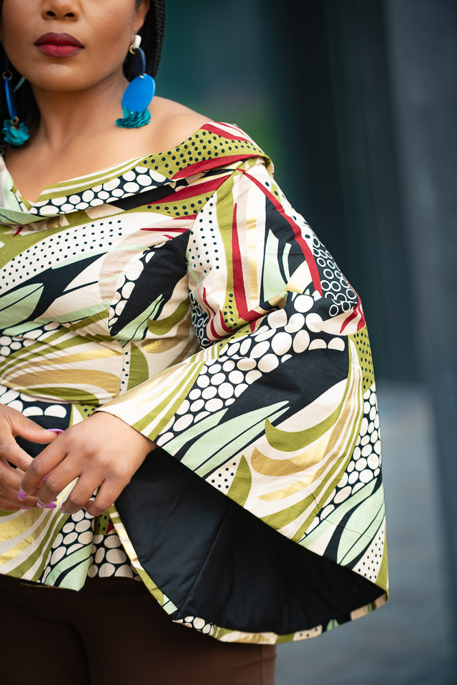 Sleeve Detail of African print Ankara peplum floral gold Women's Top