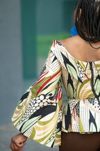 Back detail of African print Ankara peplum floral gold Women's Top