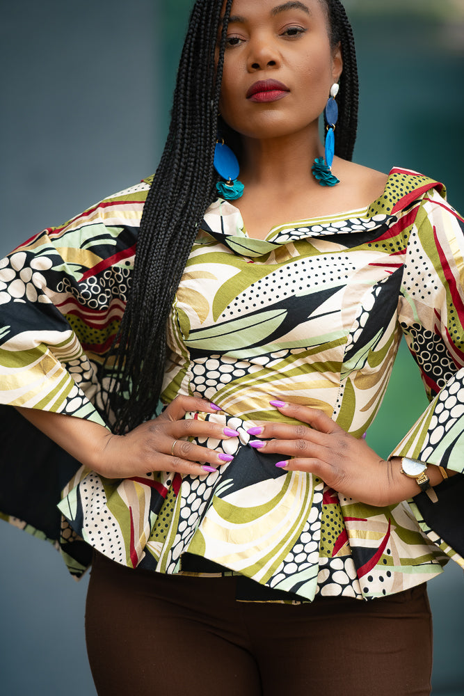 African print Ankara peplum floral gold Women's Top