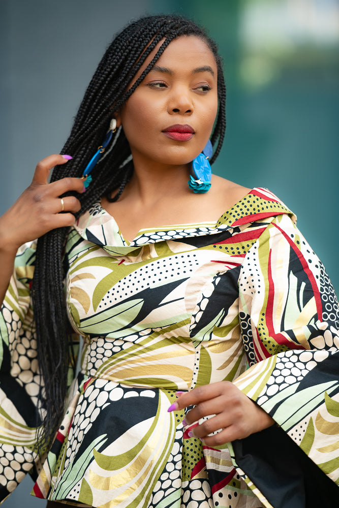 African print Ankara peplum floral gold Women's Top