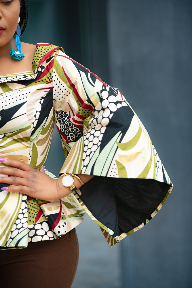 African print Ankara peplum floral gold Women's Top