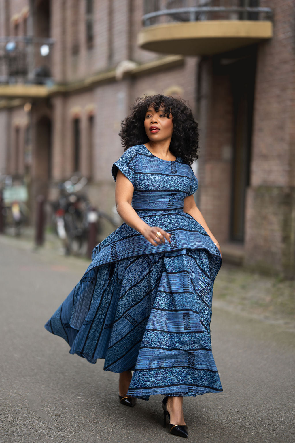 Model wearing Zoan blue African print Ankara Maxi  Women's Dress