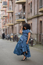 Side profile Of Zoan Blue Ankara Maxi Dress