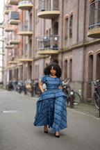 Model wearing Zoan blue African print Ankara Maxi Women's Dress