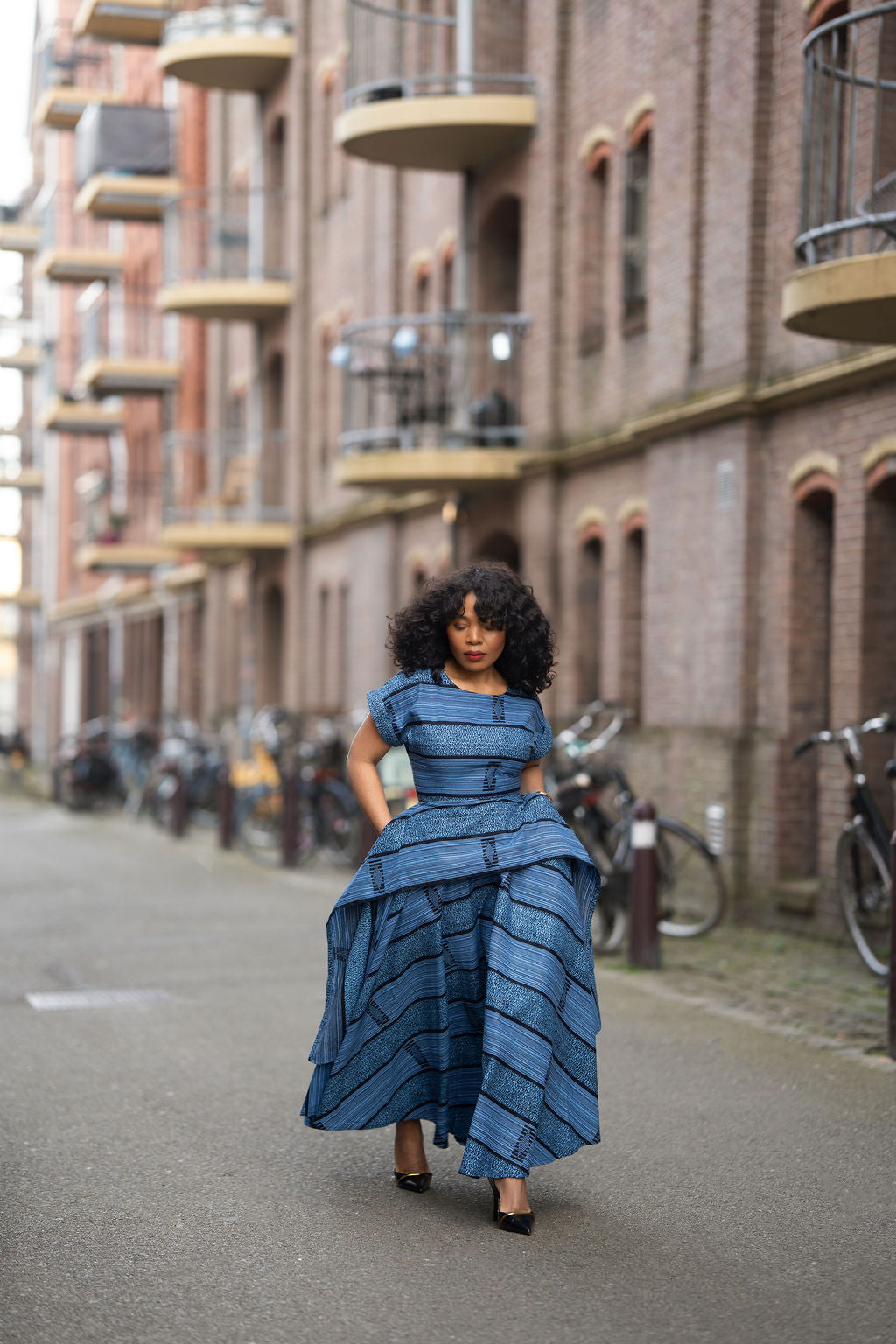 Model wearing Zoan blue African print Ankara Maxi Women's Dress