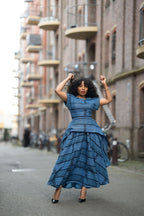 Model wearing Zoan blue African print Ankara Maxi Women's Dress
