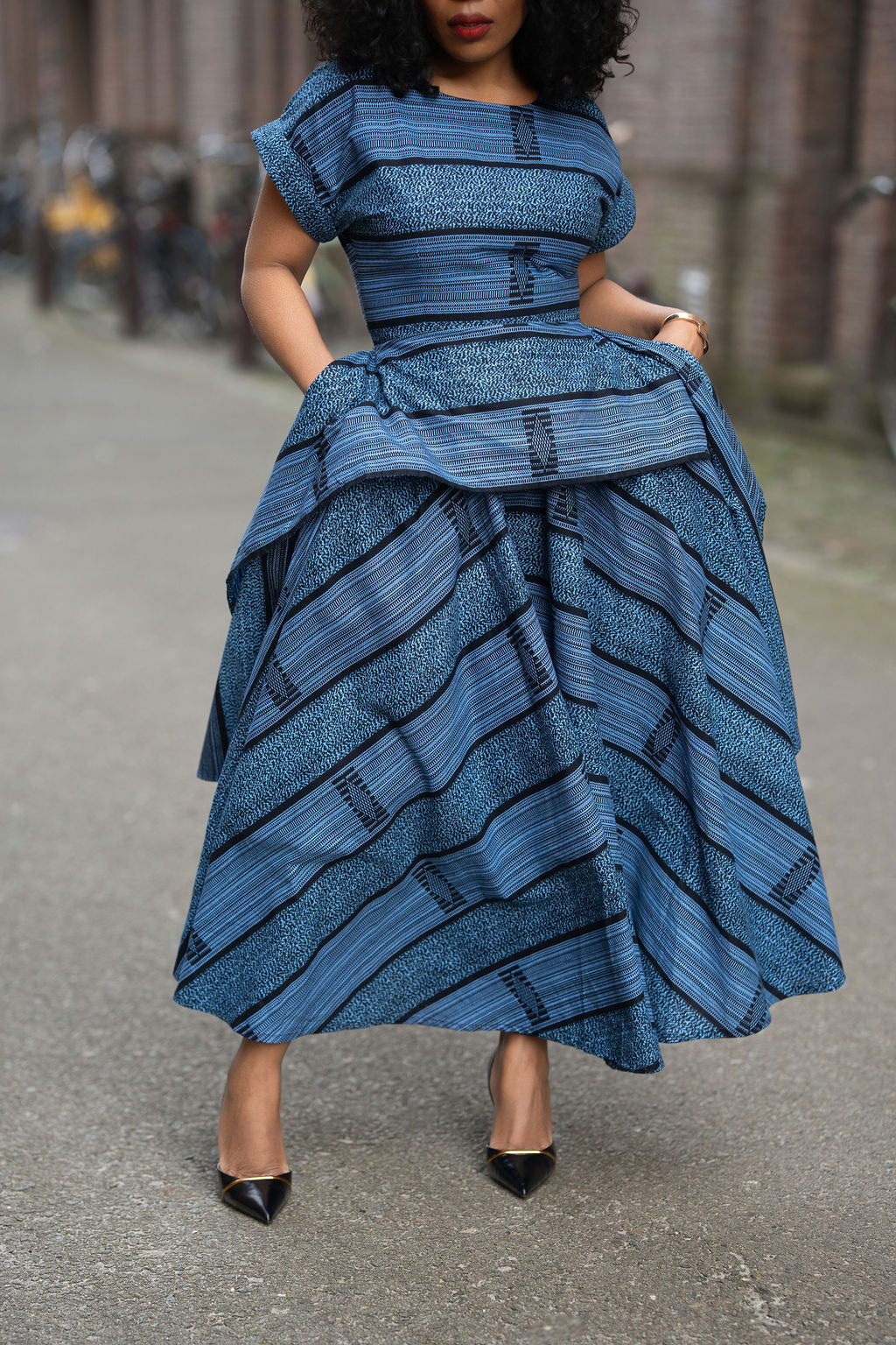 Model wearing Zoan blue African print Ankara Maxi  Women's Dress
