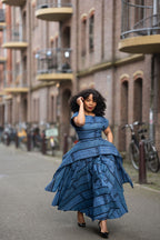 Model wearing Zoan blue African print Ankara Maxi Women's Dress