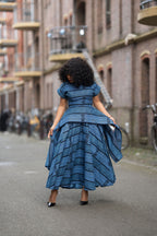 Model wearing Zoan blue African print Ankara Maxi Women's Dress