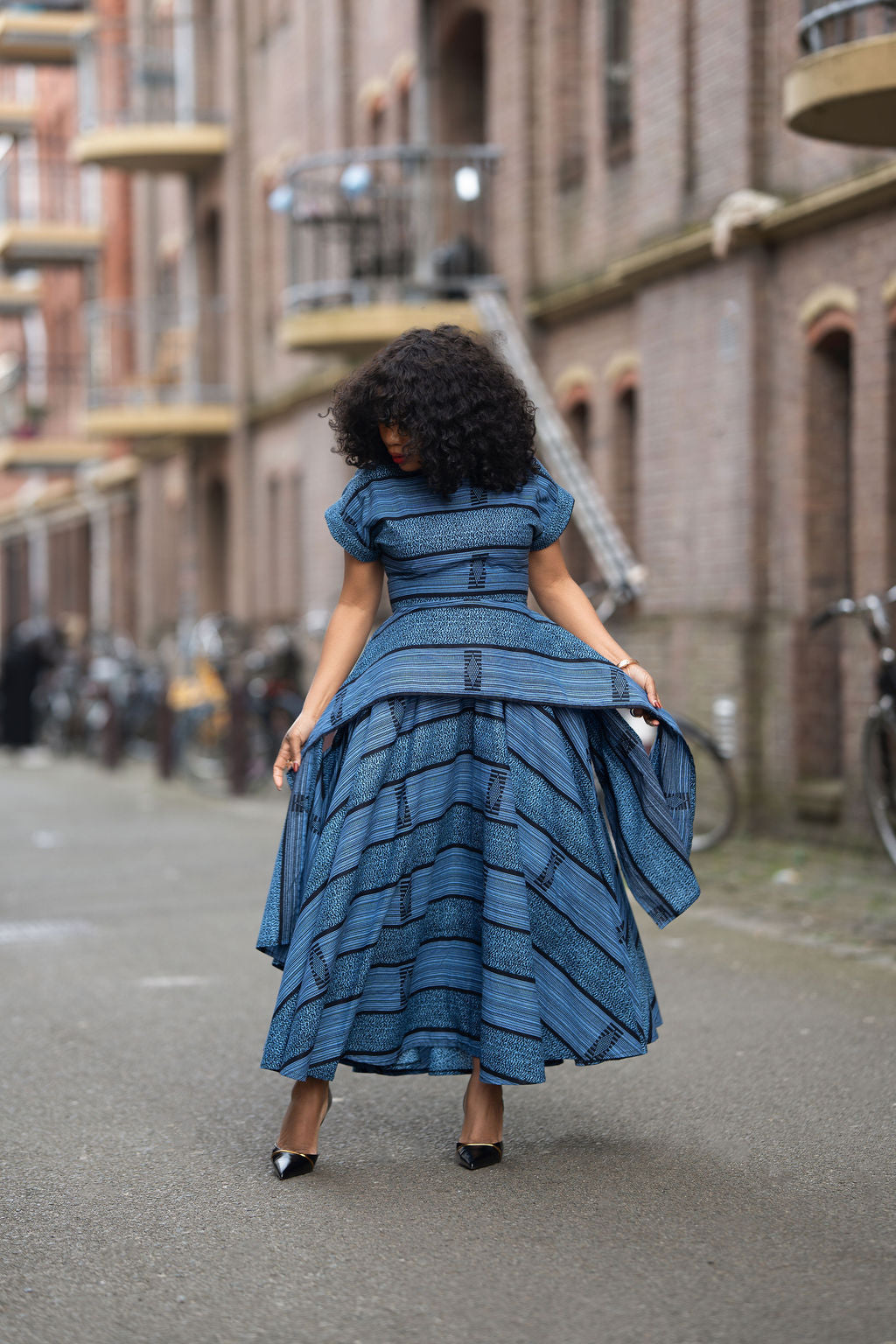 Model wearing Zoan blue African print Ankara Maxi Women's Dress