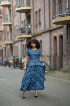 Model wearing Zoan blue African print Ankara Maxi Women's Dress