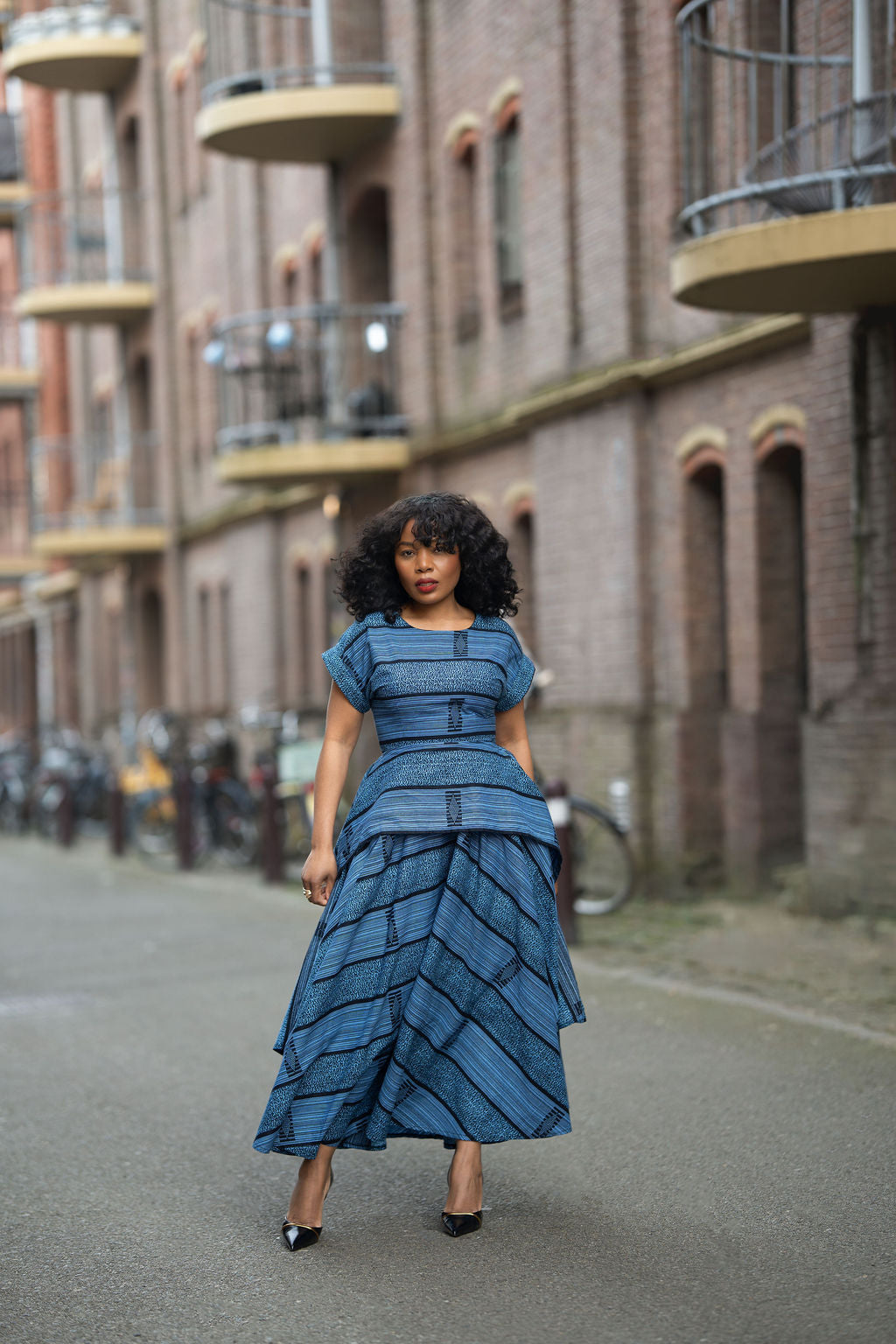 Model wearing Zoan blue African print Ankara Maxi Women's Dress