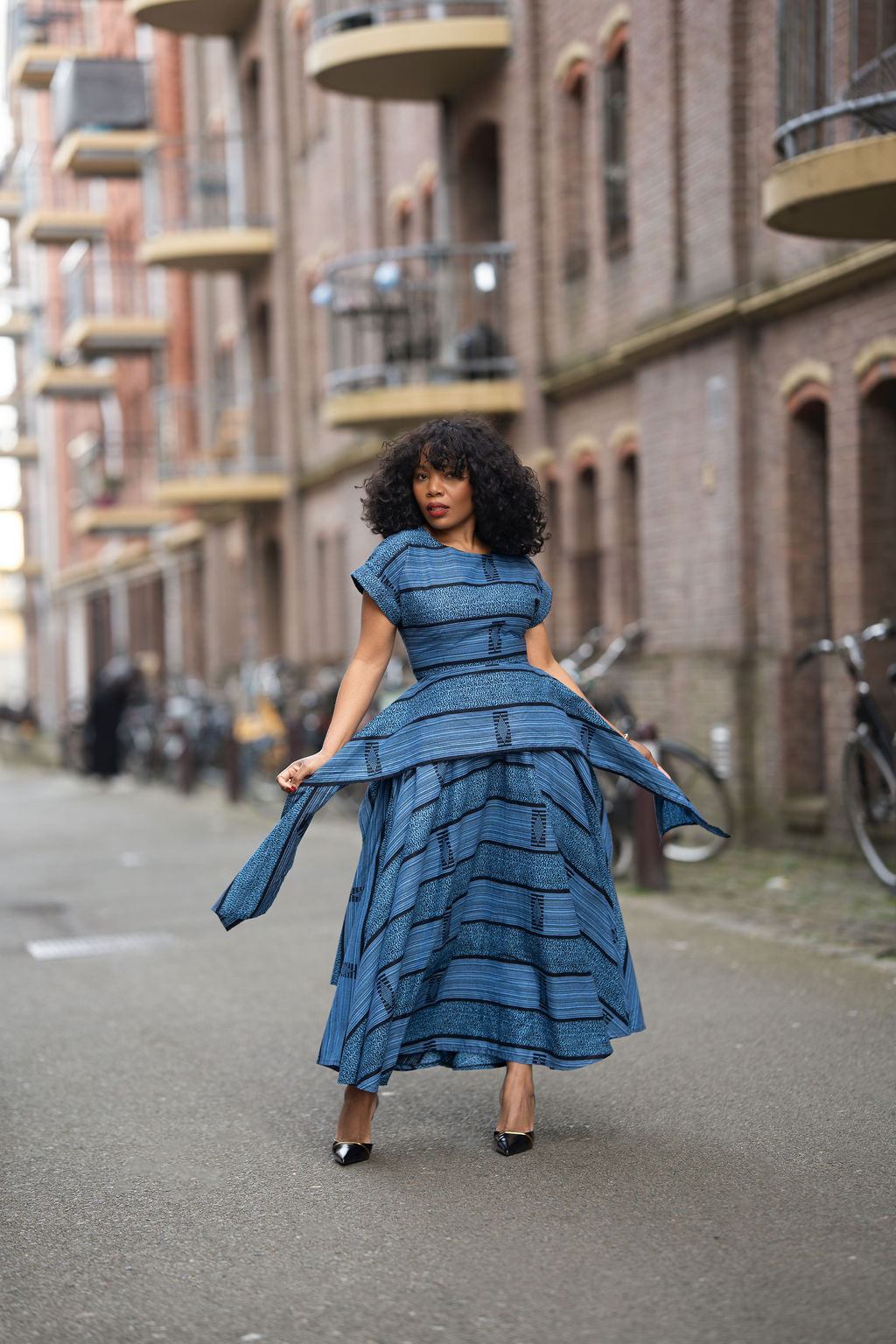 Model wearing Zoan blue African print Ankara Maxi Women's Dress