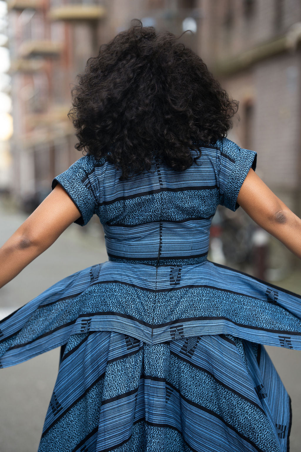 Back view of Zoan blue African print Ankara Maxi Dress