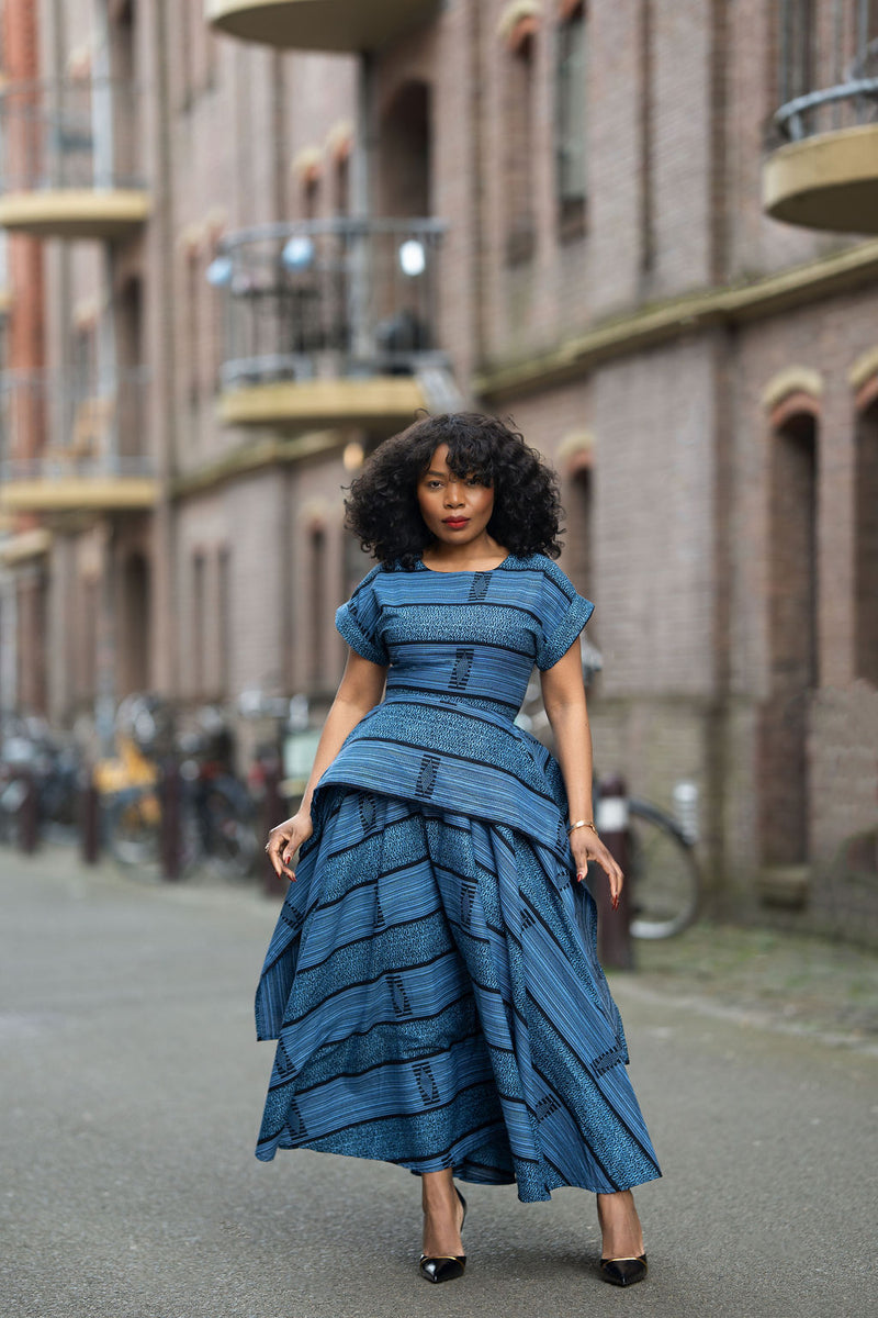 Front view of Zoan Blue African print Ankara Maxi dress by Heritage clothings