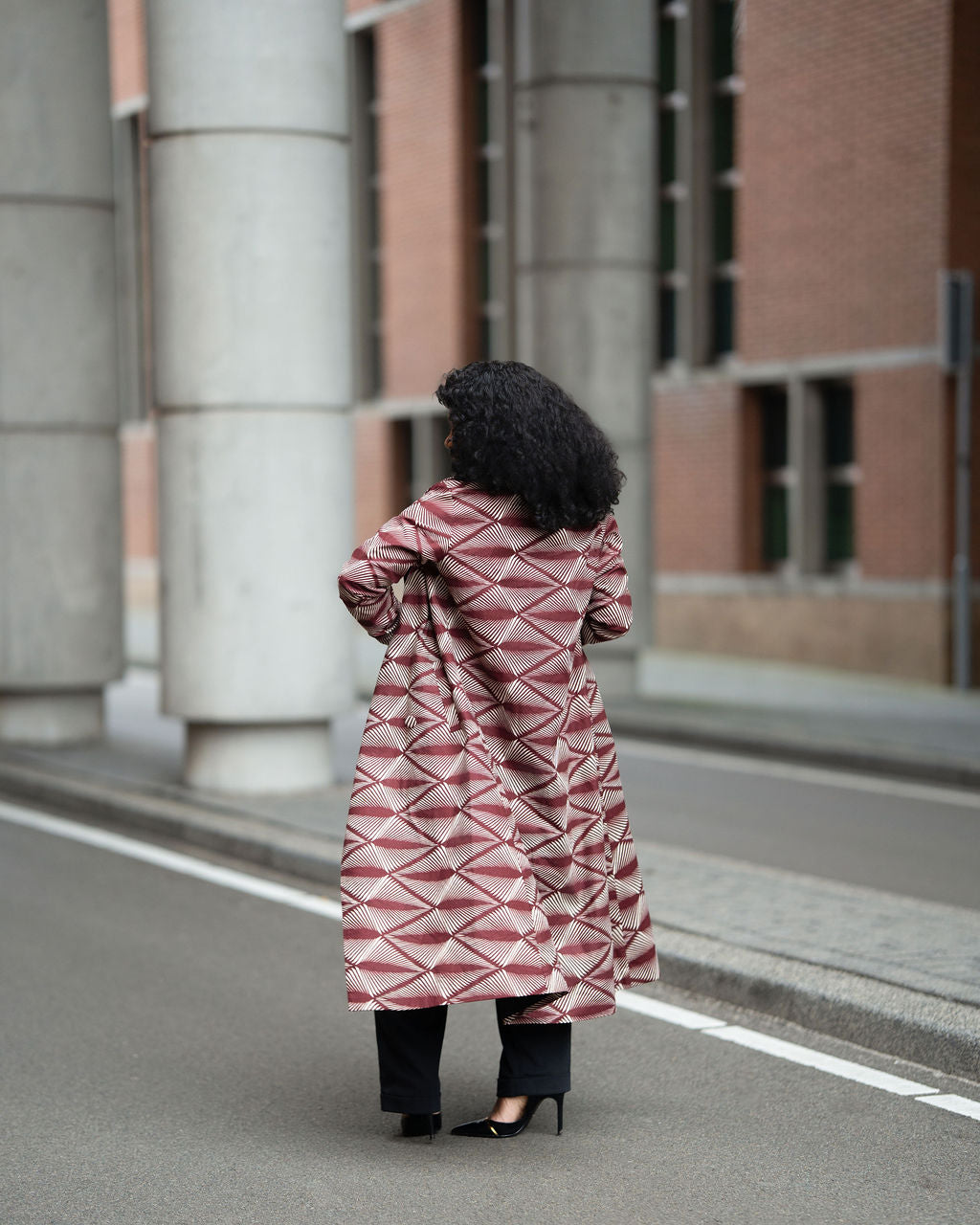 Back profile of Burgundy African print Duster Jacket
