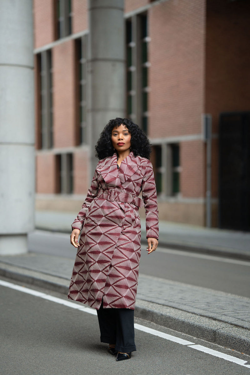 Zola African print Ankara Duster Jacket in Burgundy by Heritage Clothings