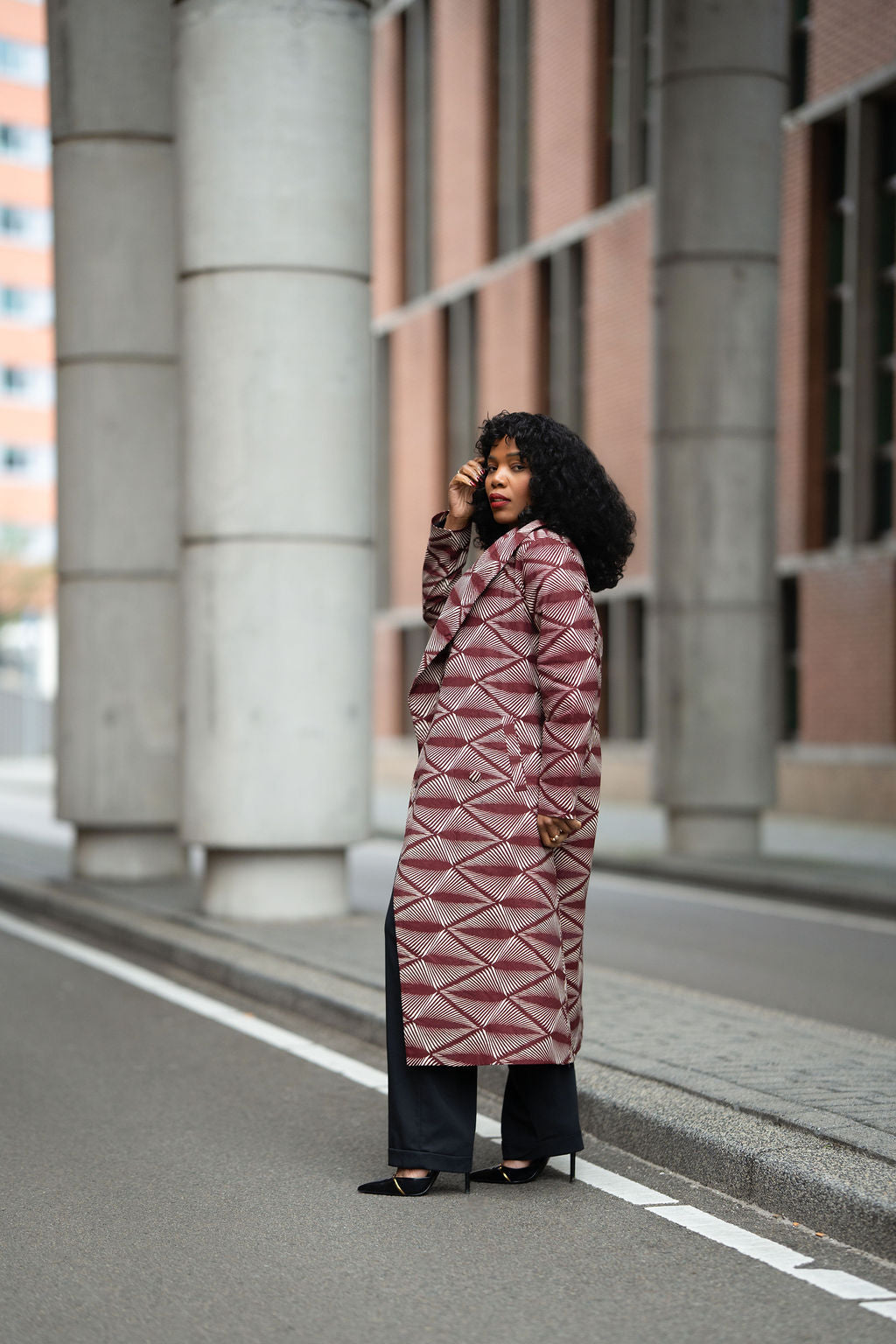 Side view of Zola Ankara Burgundy Duster Jacket
