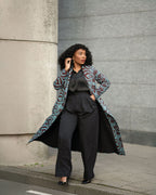 Model styling an African print Teal & Burgundy Duster Jacket for an Occasion