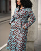 Close up of Zola Teal and Burgundy African print Duster Jacket
