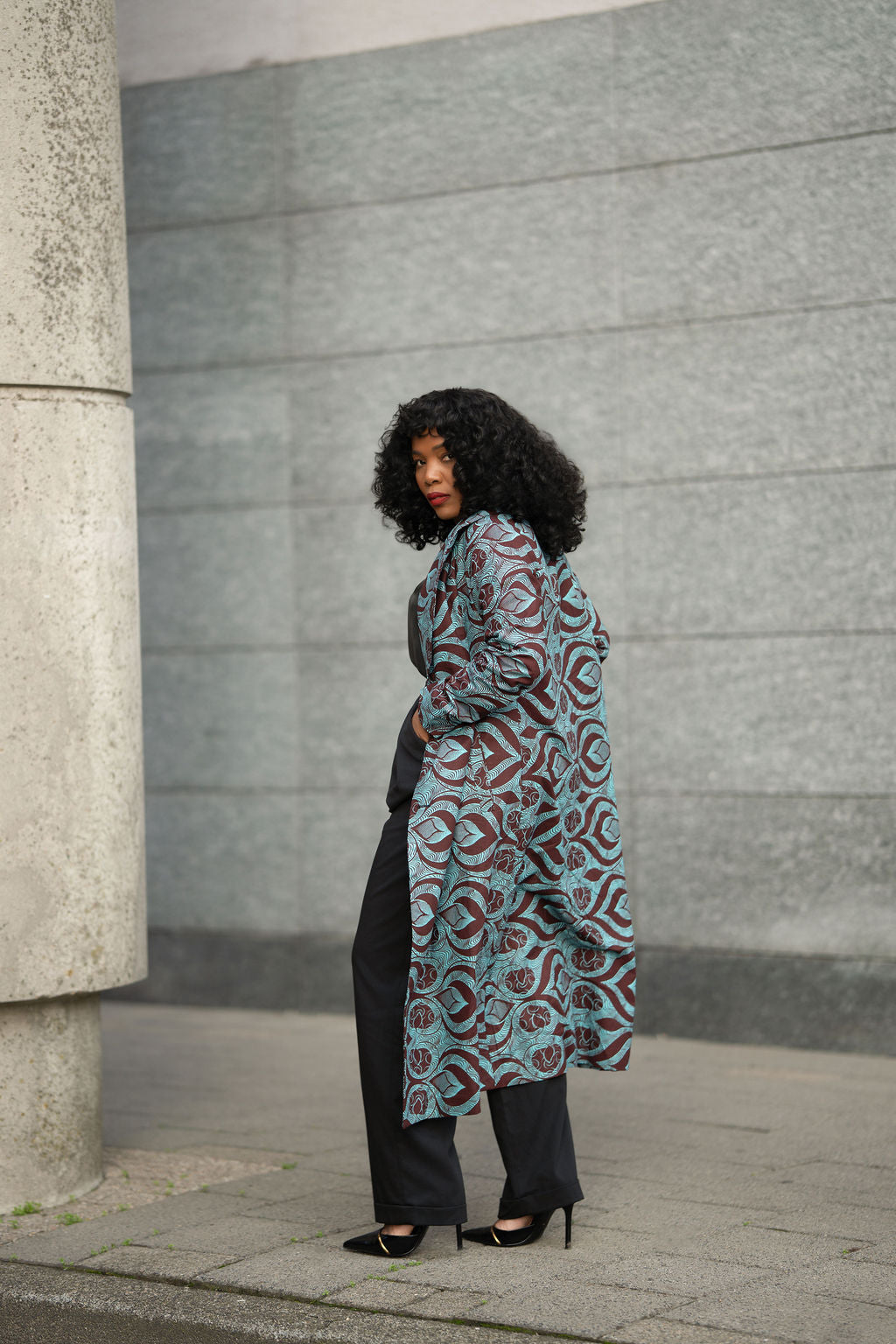 Side View African print Ankara Duster Jacket inTeal & Burgundy 