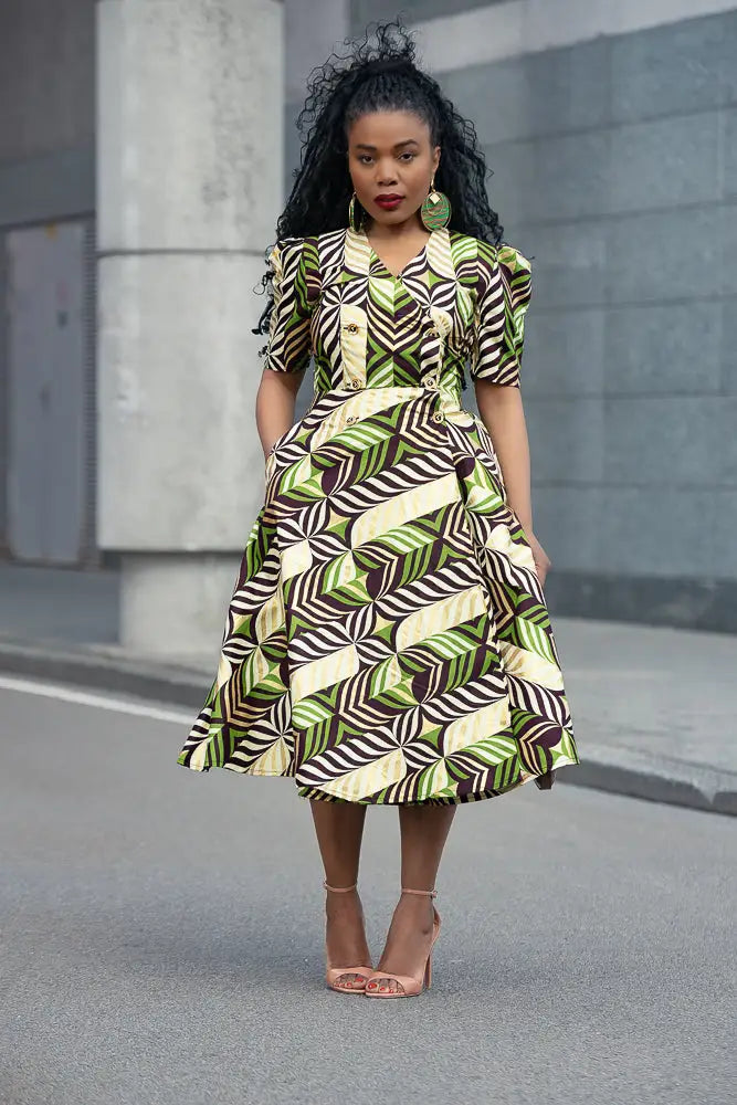 Abisola Gold African print midi dress in premium Ankara cotton by Heritage Clothing