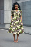 Abisola Gold African print midi dress in premium Ankara cotton by Heritage Clothing