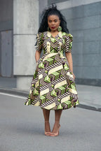 Abisola Gold African print midi dress in premium Ankara cotton by Heritage Clothing