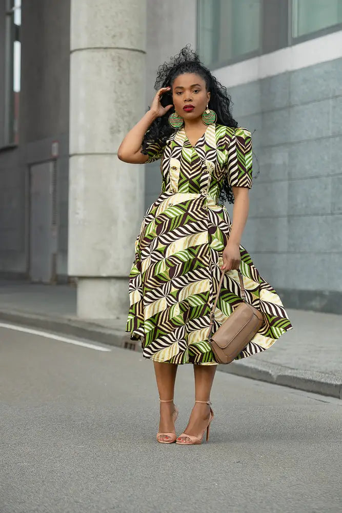 Front profile of women’s African print Ankara midi dress