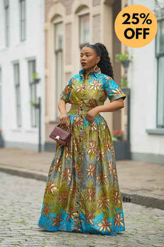 AMIA BLUE AND GOLD MAXI DRESS Women’s Dress