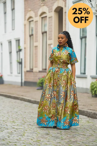 AMIA BLUE AND GOLD MAXI DRESS Women’s Dress