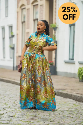 AMIA BLUE AND GOLD MAXI DRESS Women’s Dress