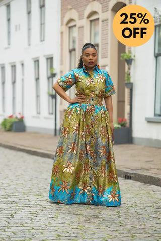 AMIA BLUE AND GOLD MAXI DRESS Women’s Dress