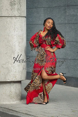 ANAN RED AND BROWN OFF SHOULDER MAXI DRESS Women’s Dress