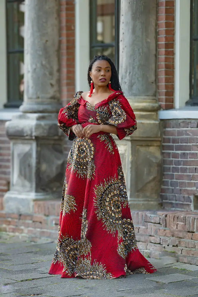 ANAN RED AND BROWN OFF SHOULDER MAXI DRESS Women’s Dress