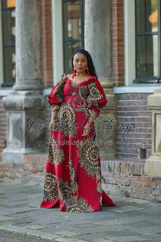 ANAN RED AND BROWN OFF SHOULDER MAXI DRESS Women’s Dress