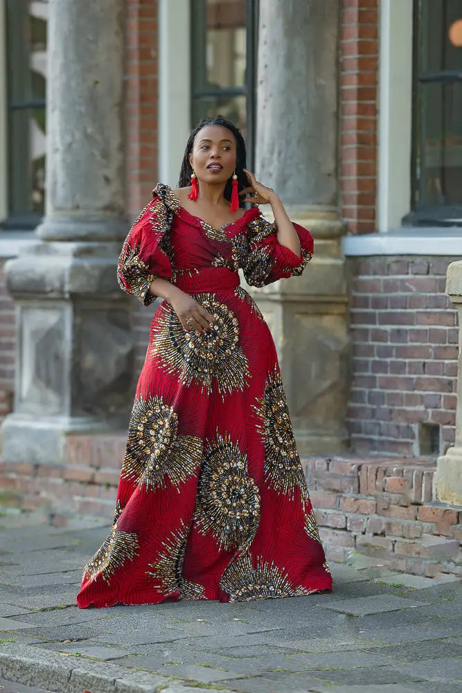 ANAN RED AND BROWN OFF SHOULDER MAXI DRESS Women’s Dress