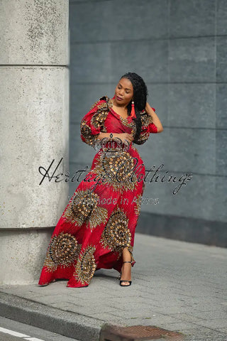 ANAN RED AND BROWN OFF SHOULDER MAXI DRESS Women’s Dress