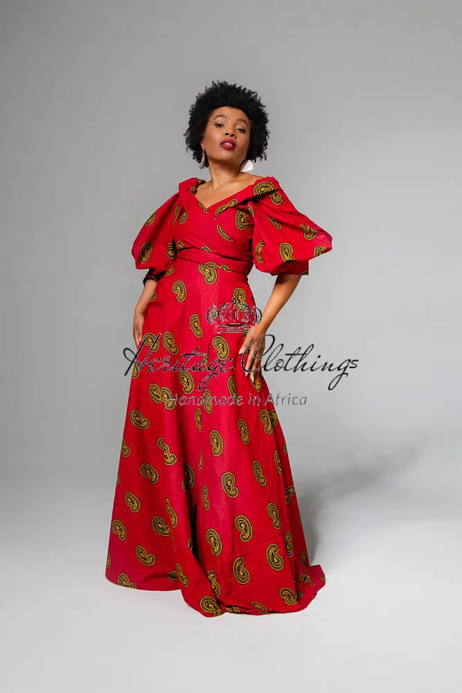 Red print maxi dress sales